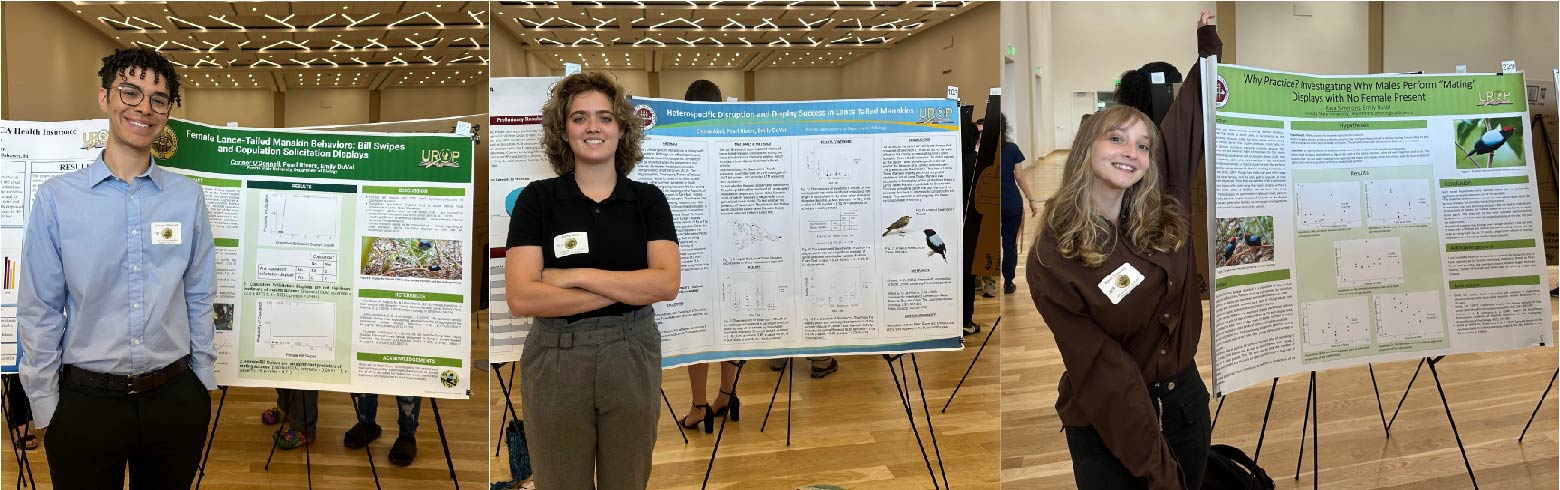 three undergraduate researchers stand near their posters at a research symposium